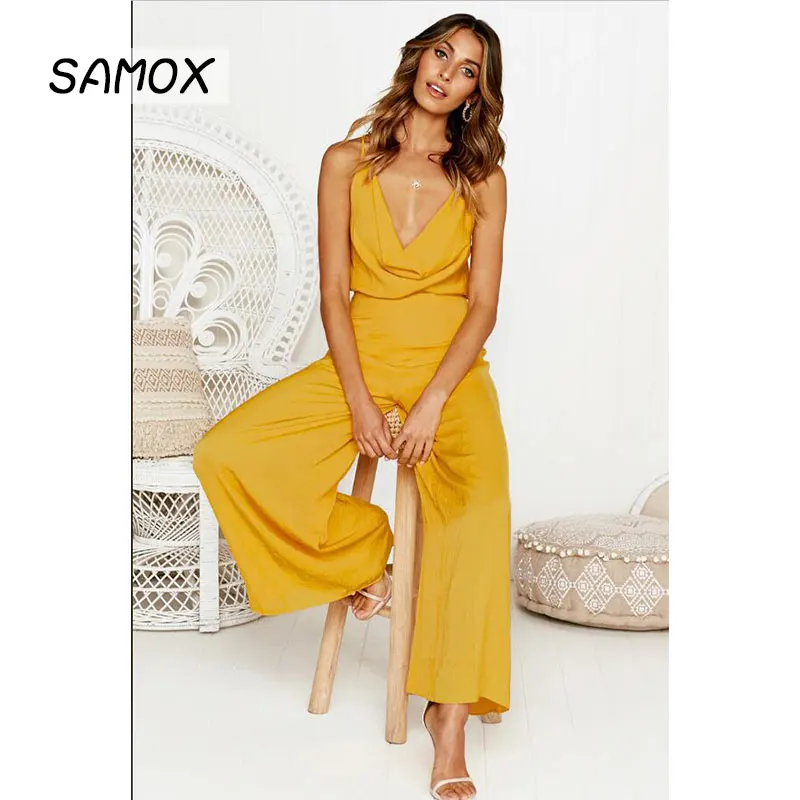 

JSMY Summer Sexy Solid Color Halter Sling Long Wide Leg Straight Jumpsuit Deep V-neck High Waist