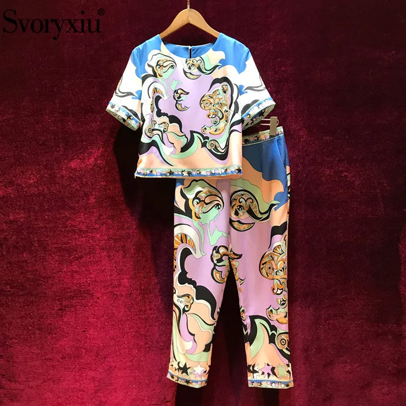

Svoryxiu Designer Summer Fashion Pants Suits Short Sleeve Colours Abstract Printed Tops + Ankle Length Pants Runway 2 Piece Set