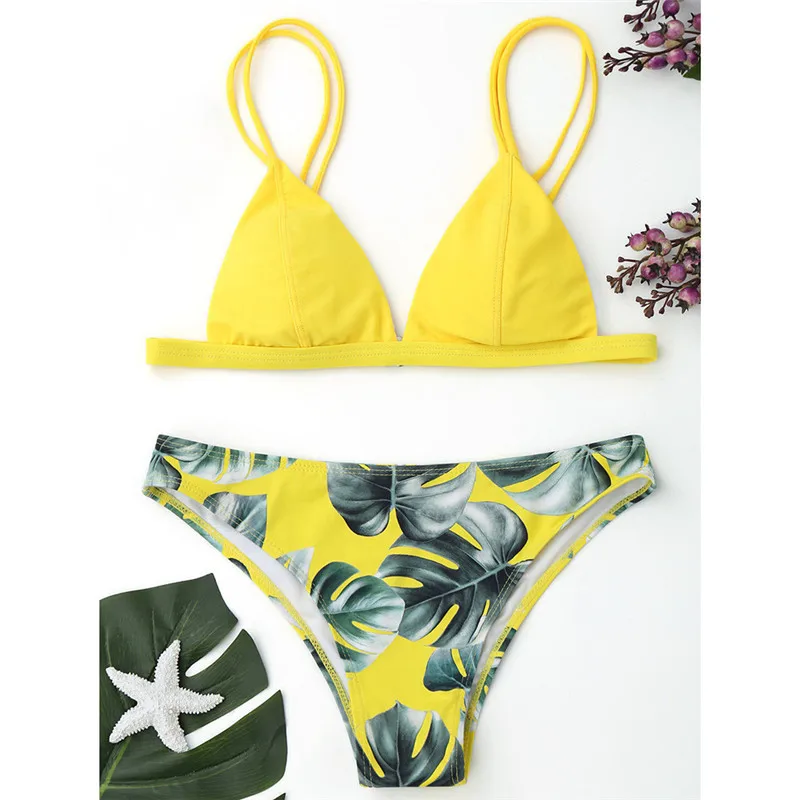 

Women Sexy Swimwear Set Print Leaves Push-Up 2019 Summer New Padded Bathing Swimwear Beachwear A #1