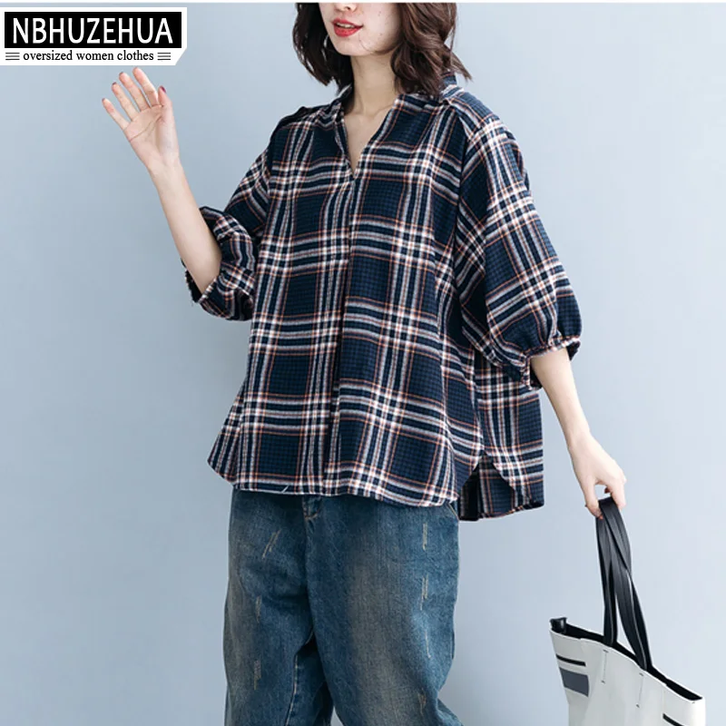 

NBHUZEHUA Women Top 2019 Summer Retro V Neck Plaid Shirt Female Lantern Sleeve Large Size Loose Blouse Tops 5XL 6XL 19-D213