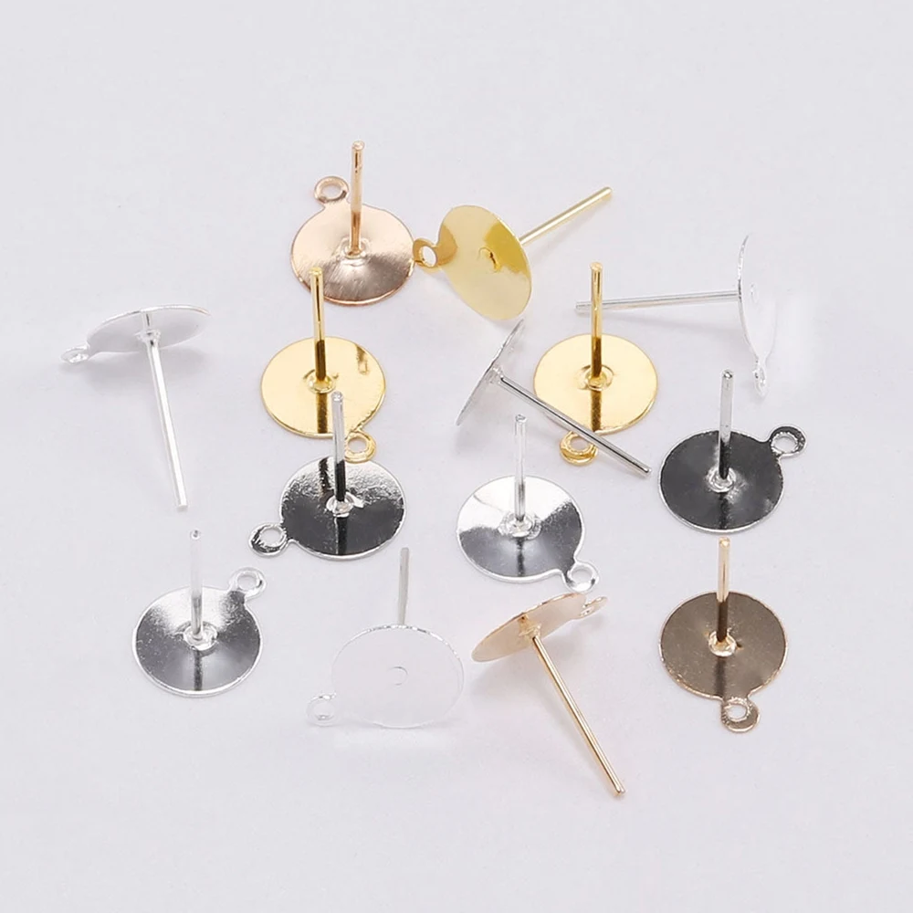 

200pcs/lot 6 8 10 12mm Blank Post Earring Studs Pins Gold/Silver/Rhodium Flat Round Tray Base for DIY Earring Jewelry Findings