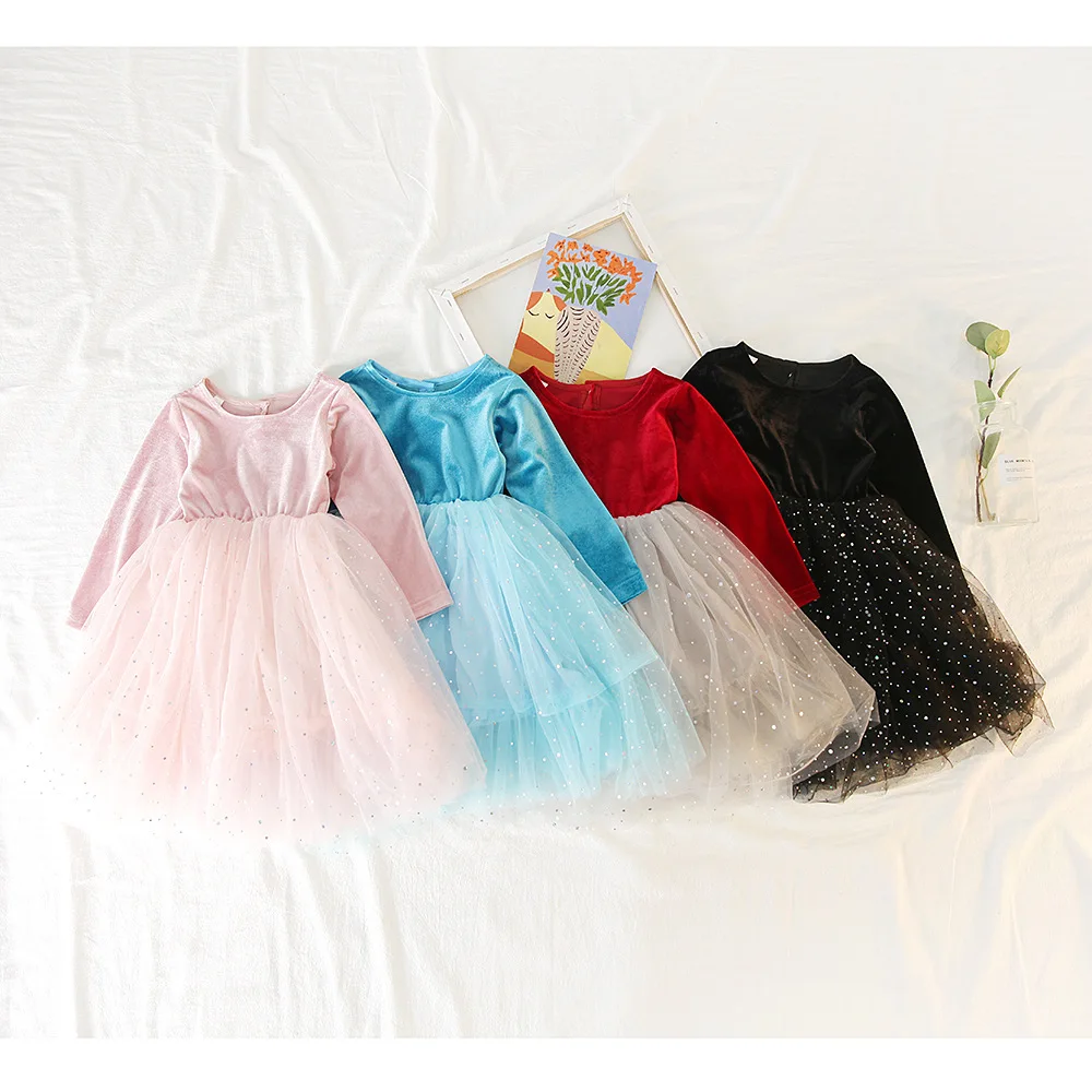 WLG/платья для девочек детское весенне-осеннее платье в стиле пэчворк с сетчатыми вставками детские розовые, темно-синие, красные, черные платья детская одежда