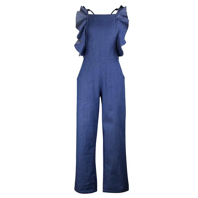 Denim Jumpsuit Women Wide Leg Pant Ruffle Denim Overalls Female Sexy