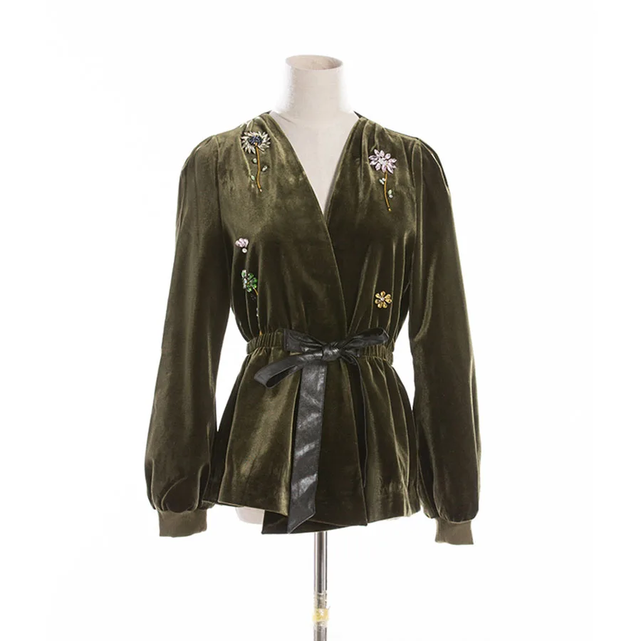 Velvet Jacket 2017 Autumn Fashion Sexy Belt Cultivate V-Neck Exquisite Beading Women New Black Green Brown Retro Jacket Velvet Jacket 2017 Autumn Fashion Sexy Belt Cultivate V-Neck Exquisite Beading Women New Black Green Brown Retro Jacket