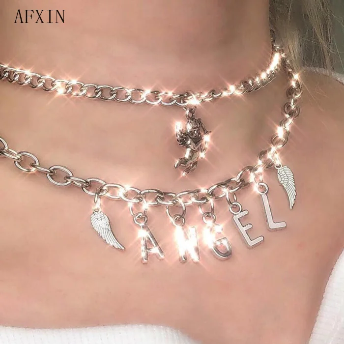 

Harajuku Style Stainless Steel Angel Letter Choker Wing Charms Colar Women Cute Punk Chain Necklace Collare Mujer Drop Ship