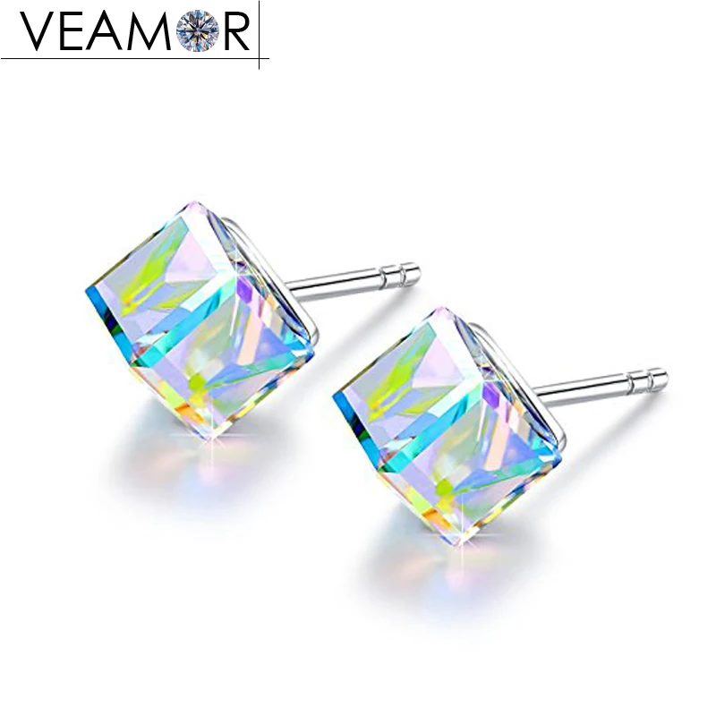Veamor cube stone crystals stud earrings 925 sterling silver change