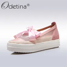 Odetina/Новинка года; модные женские туфли из натуральной кожи на плоской платформе с милым бантом; дышащие туфли без застежки; визуально увеличивающие рост