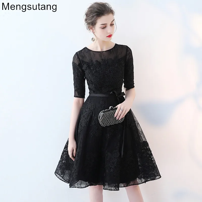 

Robe de soiree 2019 Black O-Neck Lace short evening dress vestido de festa prom dresses party dress tailor Custom made