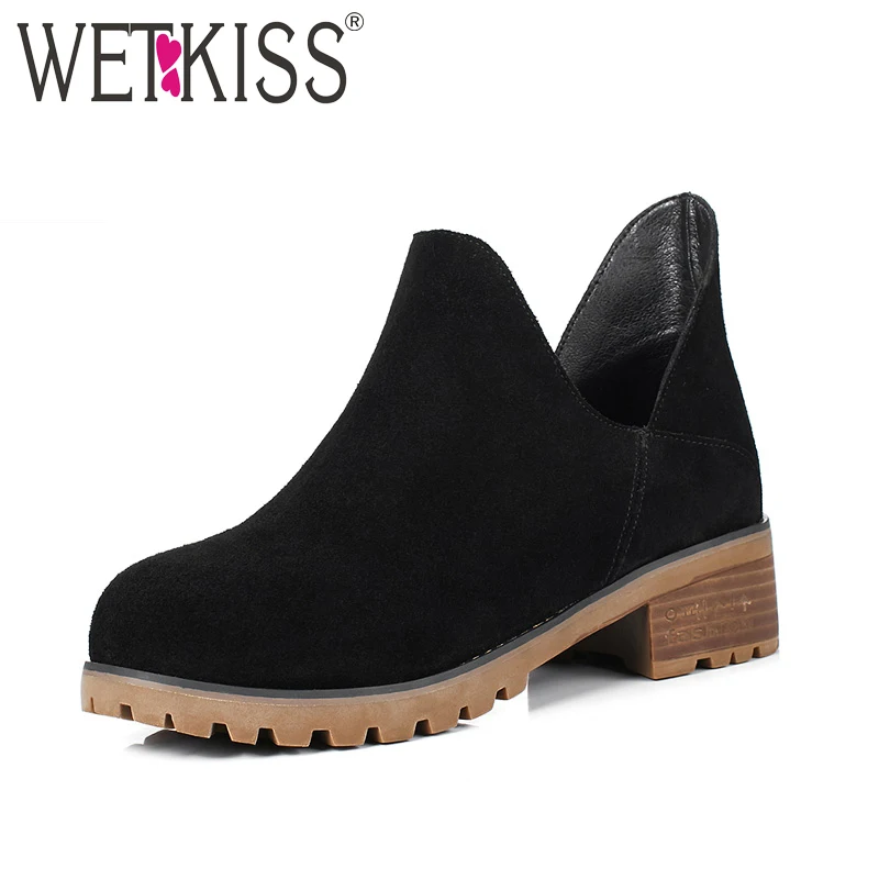 

WETKISS 2018 Spring Ankle Boots Women Slip On Round Toe Cow Suede Footwear Fashion Square Thick Heels Big Size Shoes Ladies
