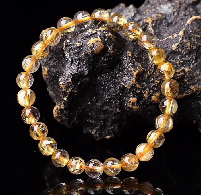Высокое качество 6/8/10 мм золотые браслеты с бусинами из кристаллов браслеты Натуральный камень рутиловый кварц Браслеты эластичные браслет Для мужчин
