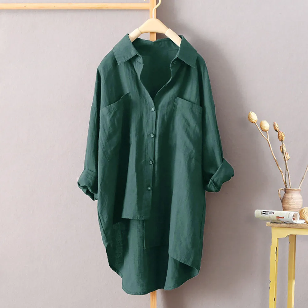 

Plus Size Shirt Cotton And Linen Long Sleeves Loose Shirt Autumn Buttons Down Asymmetrical High Low Womens Tops And Blouses #10
