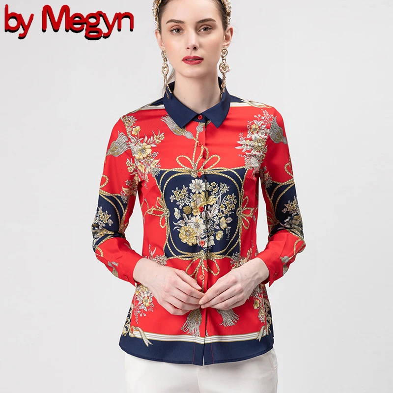 

by Megyn Runway Designer 3XL Plus size Blouses Women's Long Sleeve Vintage Chiffon Print Shirt Fashion Tops Casual Red Blouse