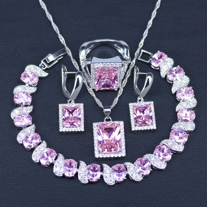 

New Fashion Women Love Gift Pink Square Cubic Zirconia Pendant Necklace Bracelets And Earrings Sterling Silver 925 Jewelry Set