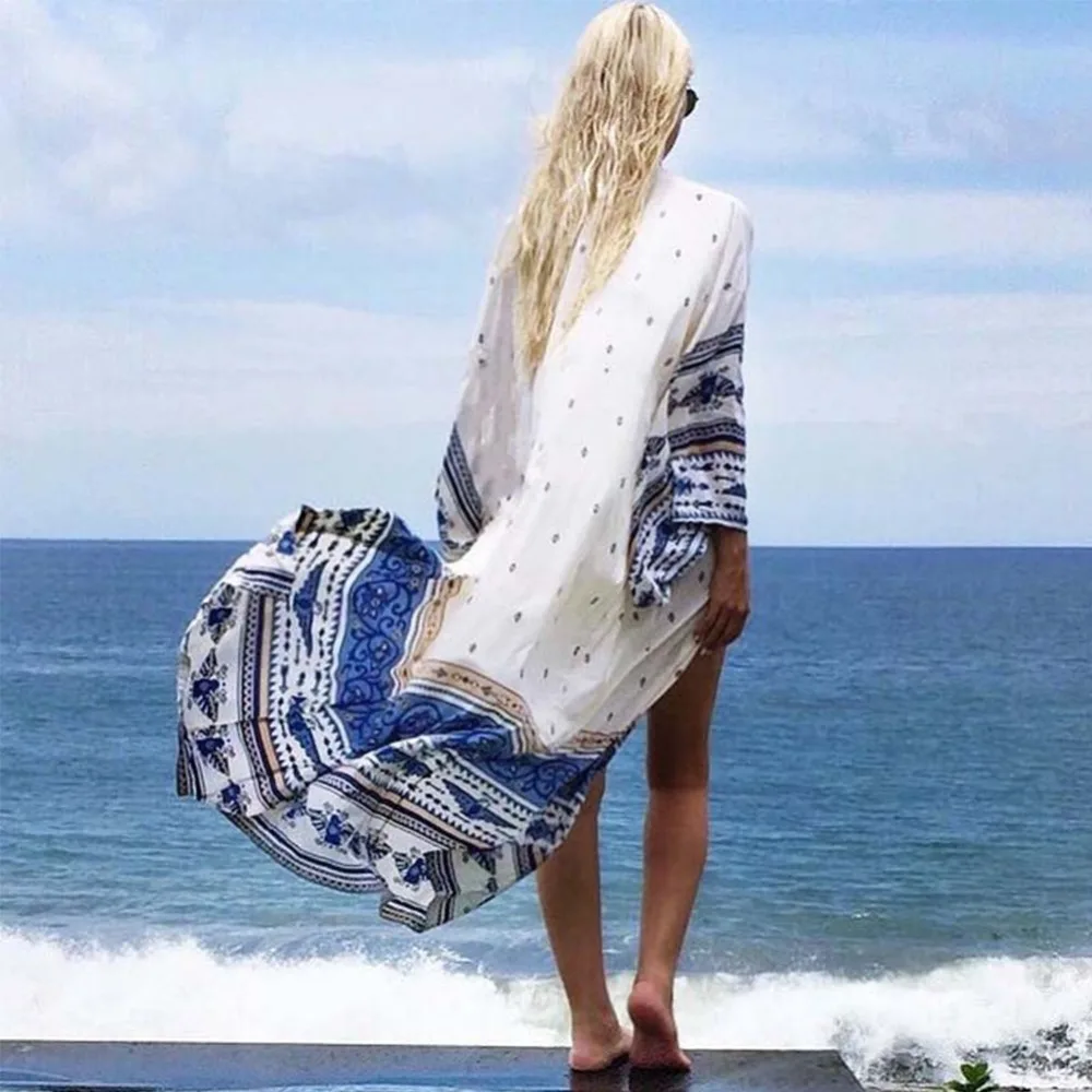 

2018 New Summer Cardigan Beach Blouses Batwing Long Floral Print Chiffon Cover Up Sarong Beach Wear Bikinis Swimsuit Cover-Ups