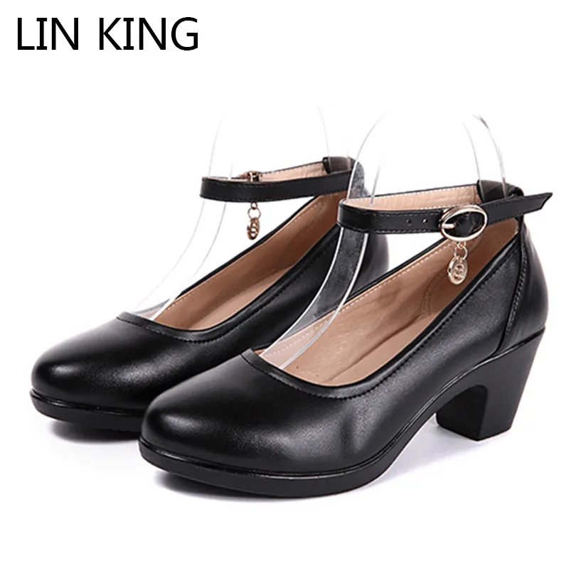 

LIN KING Square Heel Women Pumps Buckle High Heel Ankle Platform Shoes Black Ladies Business Office Career Work Shoes Plus Size