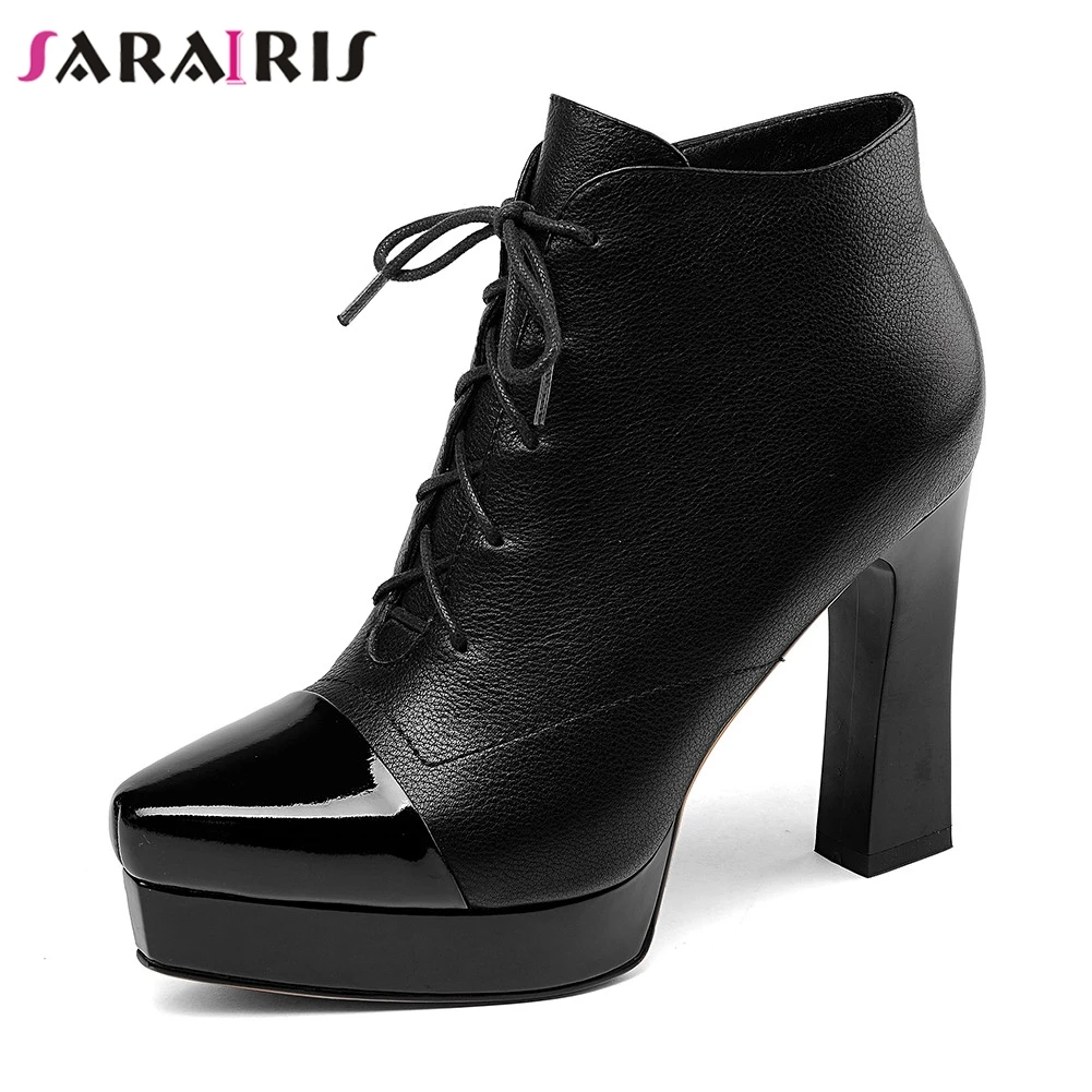 

SARAIRIS New Square High Heels women's Genuine Leather Zip Cross Tied Platform Shoes Woman Casual Autumn Winter Ankle Boots