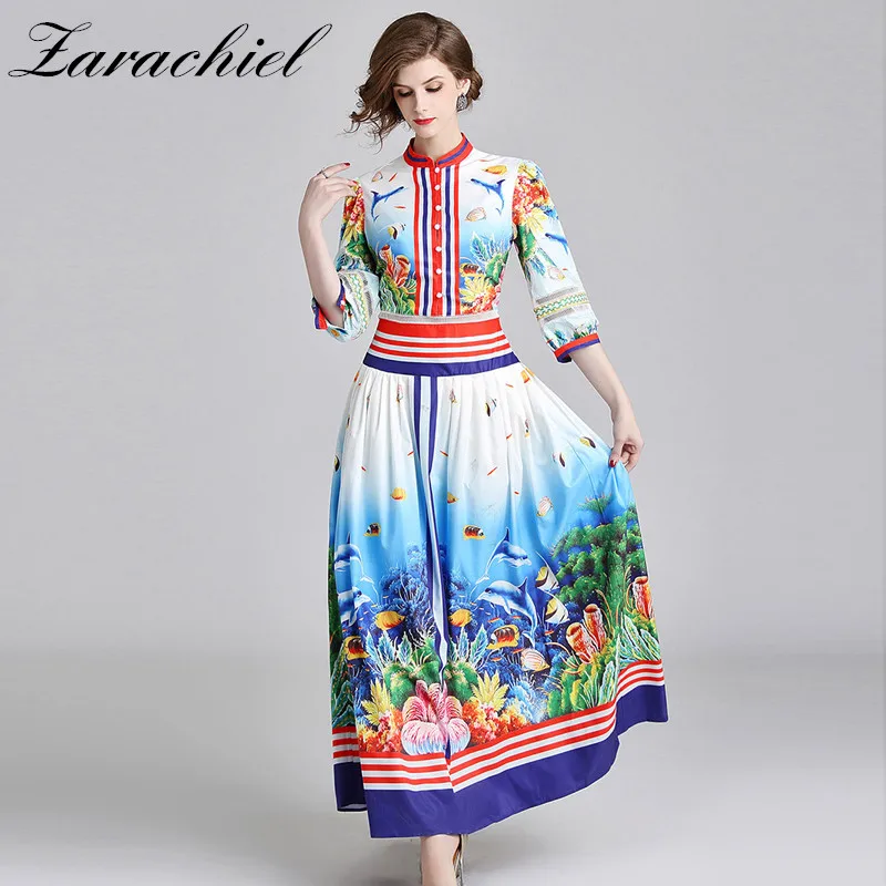 

Runway Designer Vintage Print Fish Flower Maxi Dress 2019 Fall Women Elegant Lantern Sleeve Hollow Out Striped Long Party Dress