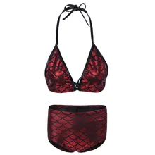 2019 Sexy 2pcs set Woman Clothes Mermaid Scale High Waist Halter Bikini Top + High Waist Pant Set Swimwear Bathing Beachwear burgundy halter design cutout high waist lingerie set