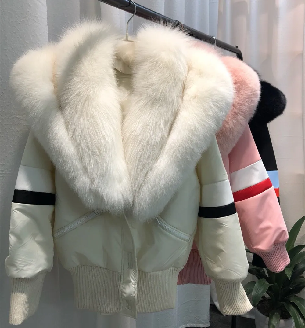 Bomber Jacket Women 2018 Large Natural Fox Fur Collar Short Parka Coat Female Pink Thick Warm Real Fur Winter Coats Women Bomber Jacket Women 2018 Large Natural Fox Fur Collar Short Parka Coat Female Pink Thick Warm Real Fur Winter Coats Women