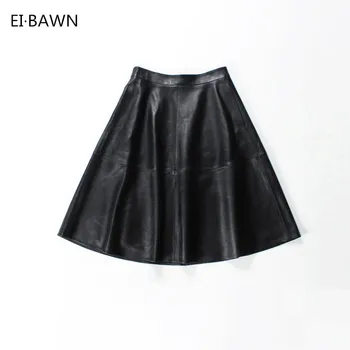 

2020 Women Midi Leather Skirts Genuine Leather Black High Waist Korean Style Fashion Vintage Sheepskin High Quality A-line Skirt