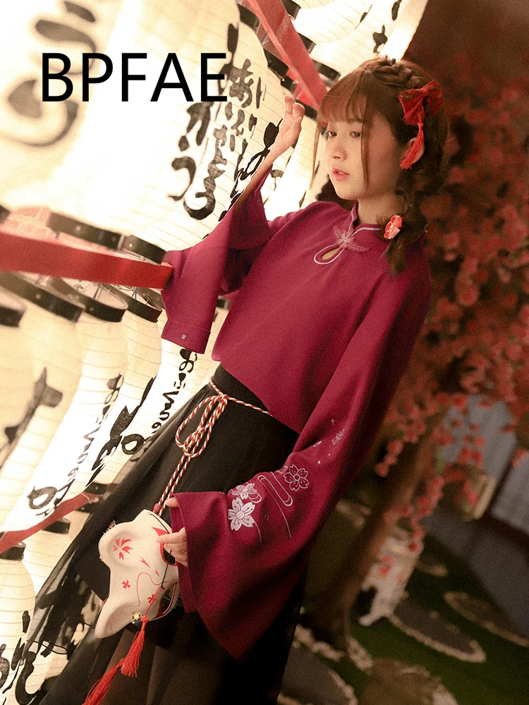 

2018 Autumn New Women Japanese Style Vintage Sakura Embroidery Long Sleeve Mandarin Collar Red/White Shirt Sweet Blouse Tops