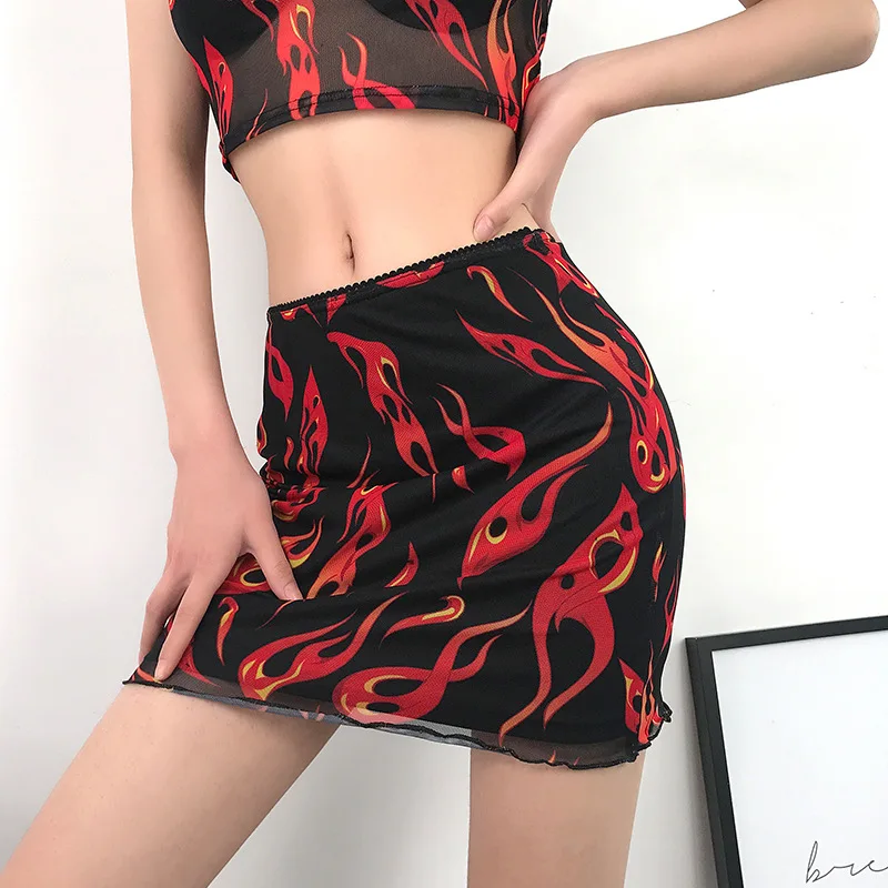

Patchwork Mesh Sexy Skirt Harajuku Kawaii Streetwear Flaming Fire Print Skirts Women Double Layer High Waist Skirt