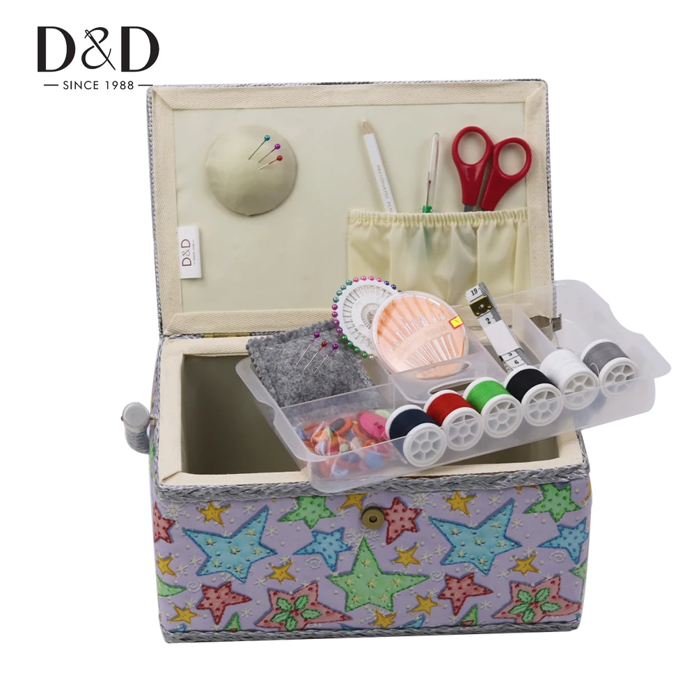 

D&D Handmade Wood&Fabric Crafts Sewing Storage Basket with Sewing Accessories Organizer DIY Household Gift Box 27.5*17.5*14CM