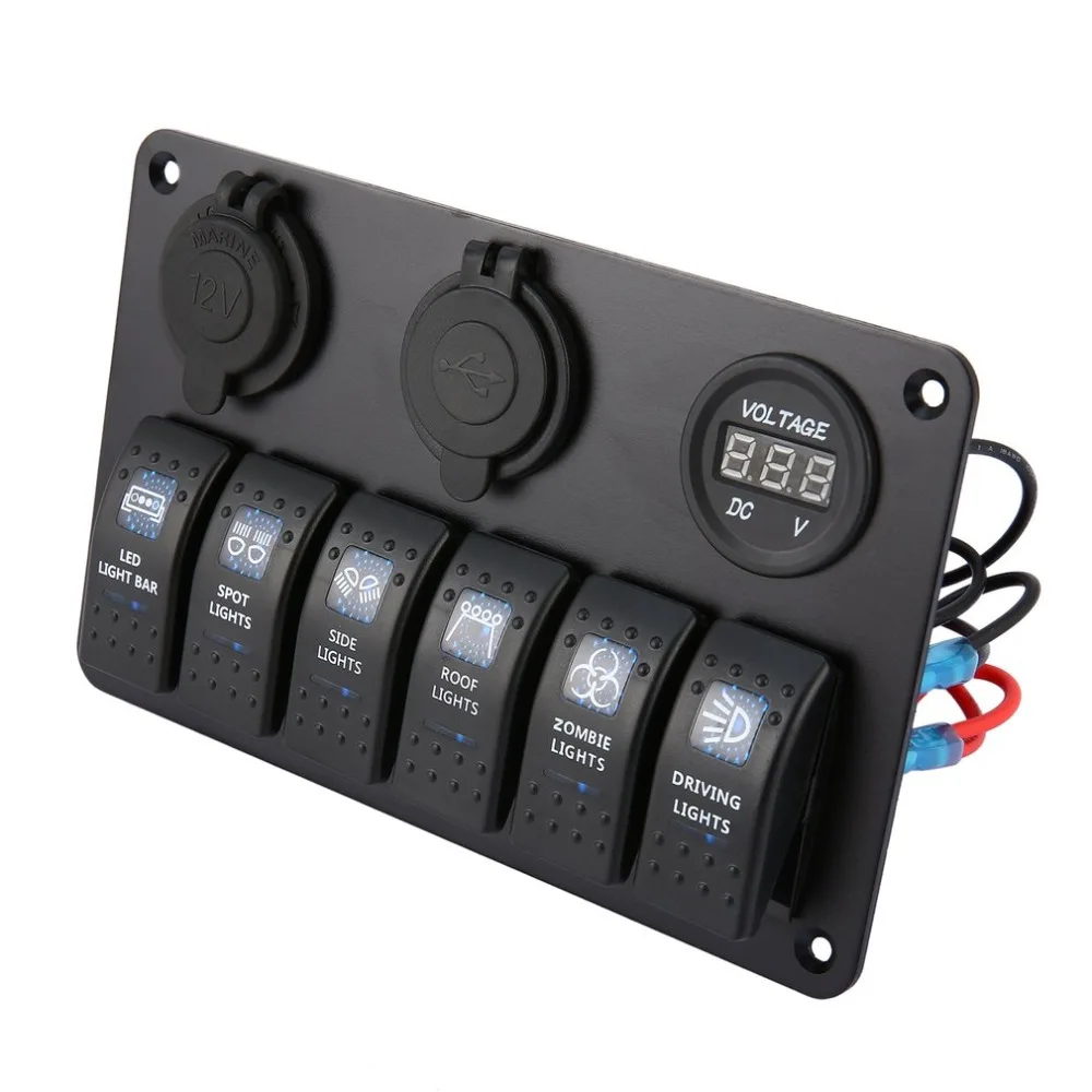 6 Gang Waterproof RV Car Marine Boat Circuit Breaker LED Rocker Switch Panel Dual USB Charger Cigarette Socket