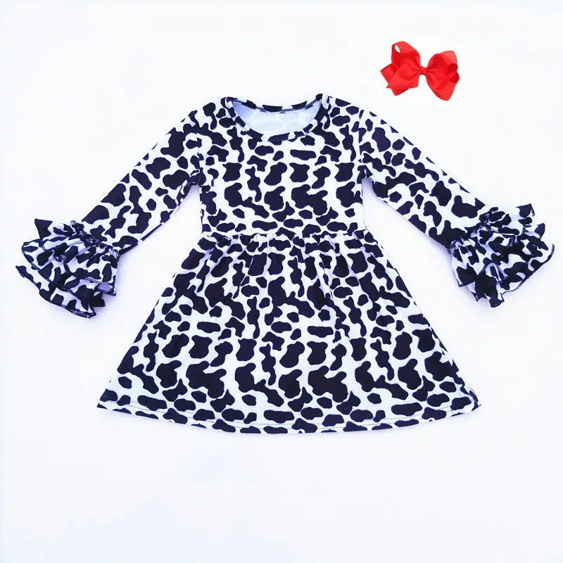 Детское зимнее платье; черно-белая одежда с рисунком коров; эксклюзивные Детские платья с длинными рукавами и оборками для девочек; milksilk; платья с бантом