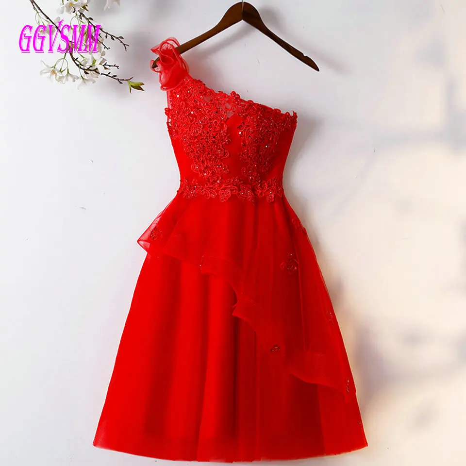 

Fashion Red Prom Dresses Short 2019 Party Gowns One Shoulder Tulle Appliques Beading Lace-Up Knee Length Women Dresses Evening