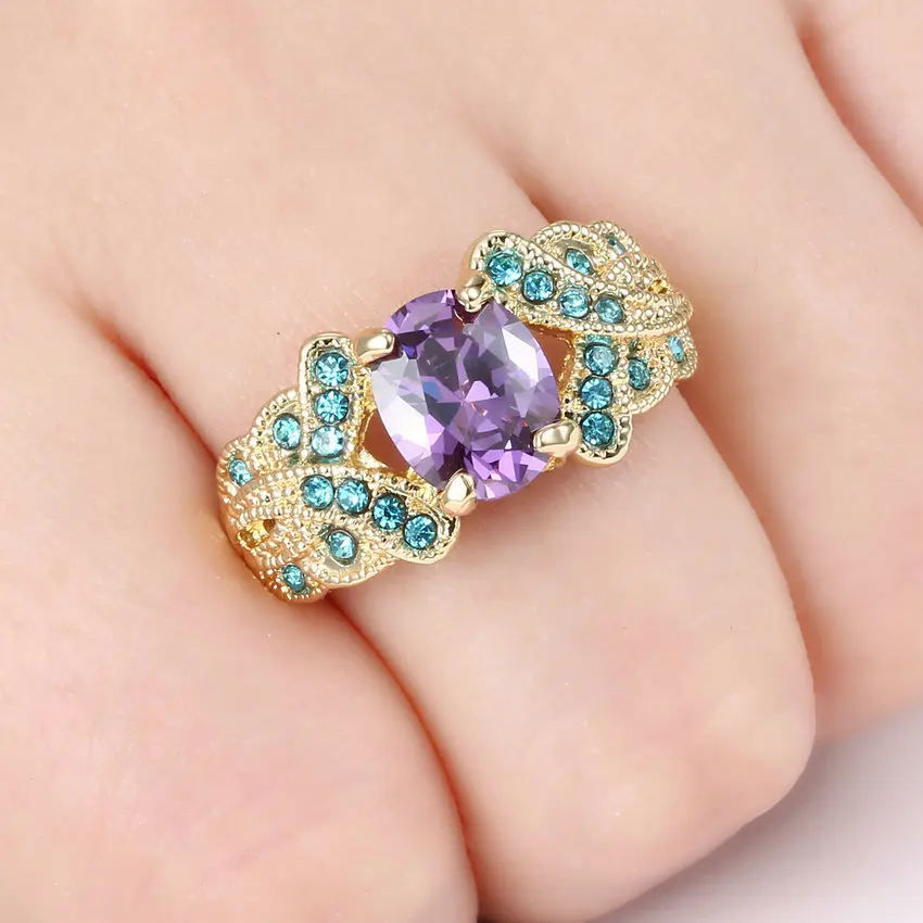 Sky-Blue & Purple Cross Ring Size 9 Fashion White & Black & Gold Colour Jewelry Vintage Wedding Rings for Women Birthday Gift