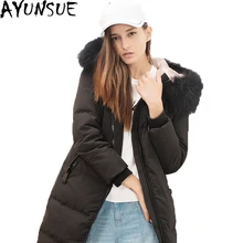 Женское пальто из 90% белого утиного пуха новое длинное пуховое пальто с капюшоном из натурального меха енота толстые теплые женские парки Manteau Femme ST166