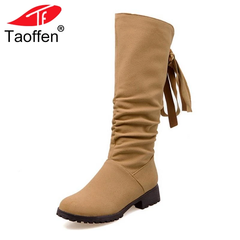 

Taoffen Plus Size 33-47 4 Colors Women Flats Boots Bowtie Fur Warm Ladies Mid Calf Boots Fashion Sweet Winter Women's Shoes