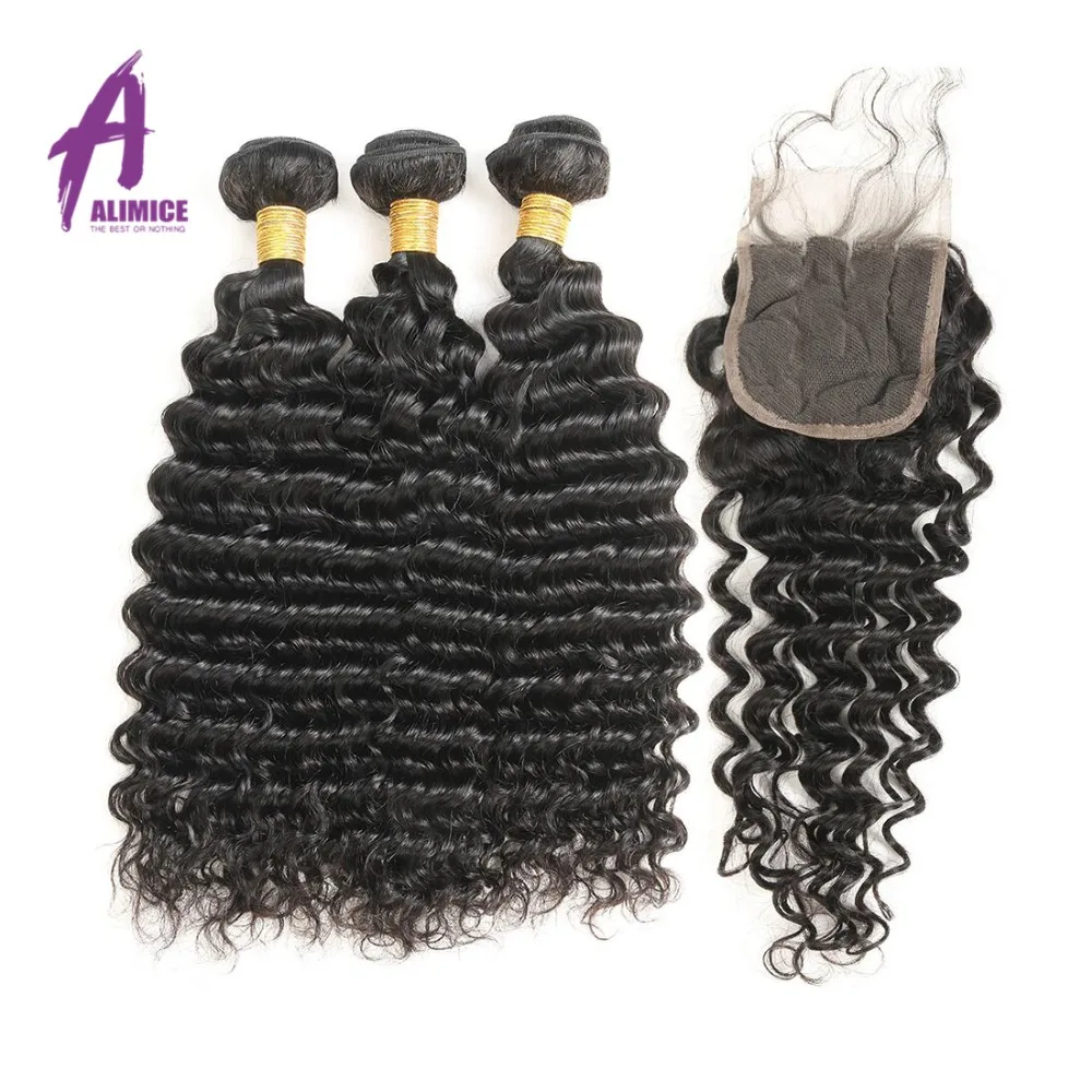Alimice Hair Malaysian Deep Wave 3 Bundles With Closure Natural Color 100% Human Hair 8-28 Inches Remy Hair Extensions 4PcsLot (36)