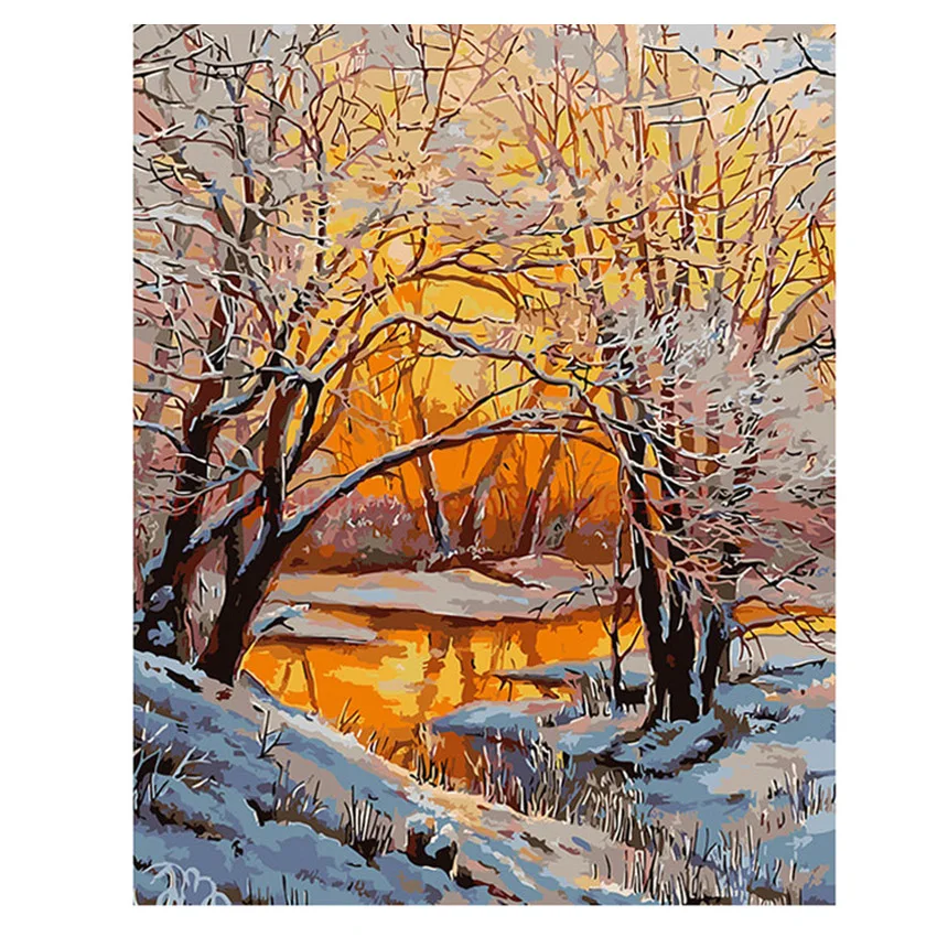 

RIHE Sunset Forest Diy Painting By Numbers Winter Trees Oil Painting On Canvas Hand Painted Cuadros Decoracion Acrylic Paint Art