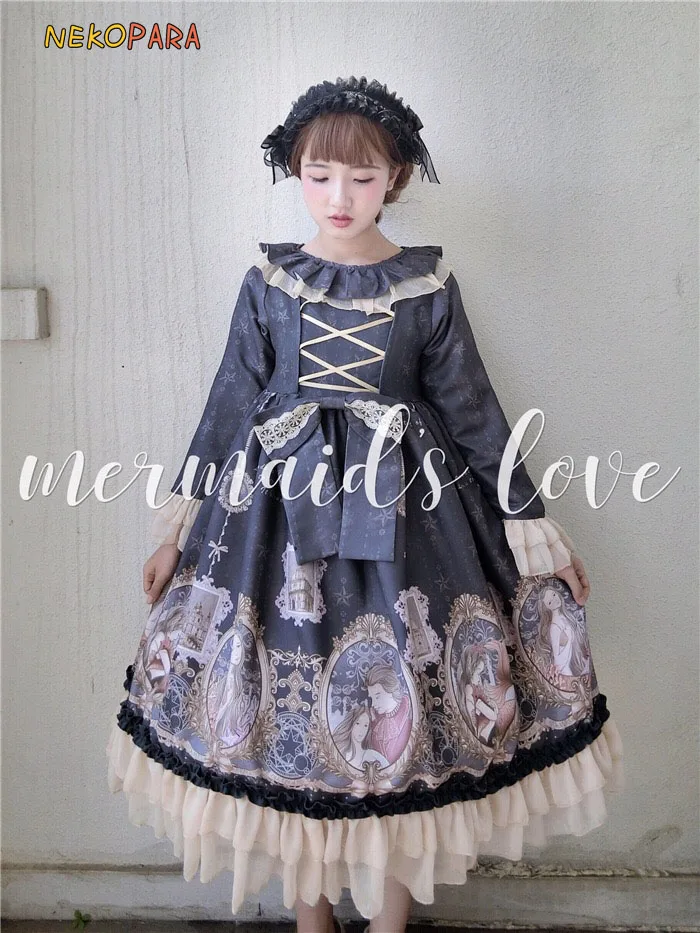 

Original Mermaid's Love Cute Women's Lolita OP Long Sleeve Dress Lace Cuff Lace Trim Big Bow Pink Dark Blue One Piece