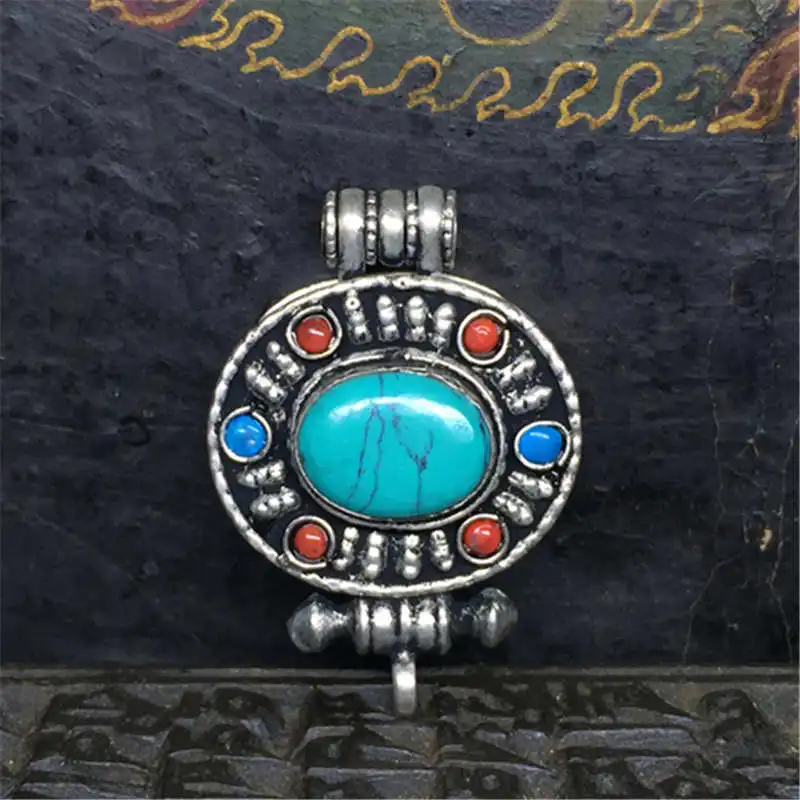 

TGB047 Tibetan silver Prayer box,Nepal handmade Stone oval pendants Lockets GAU amulets Tibet Ethnic Amulet