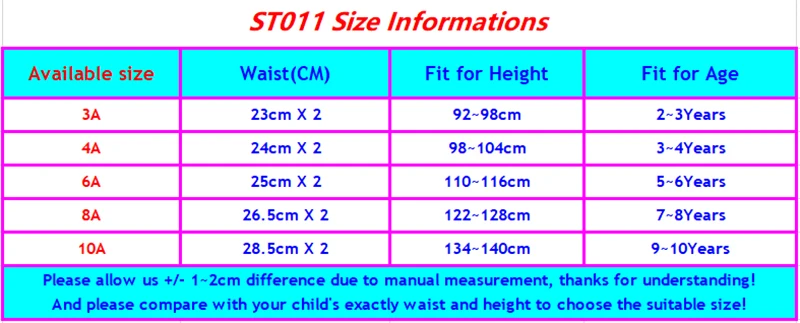 ST011 boys swimming trunks size chart