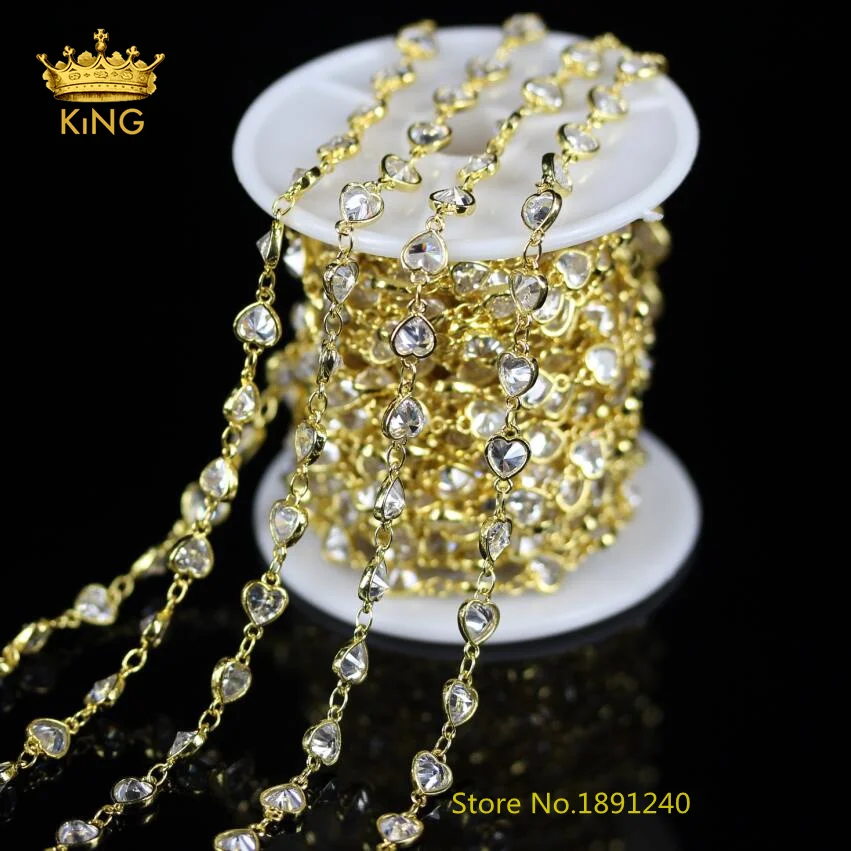 

Golden Plated Wire Wrapped Copper Chains Findings,Clear White Zircon Heart Beads Chain Bracelet Necklace,5 Meters Lot,6mm,KS-29