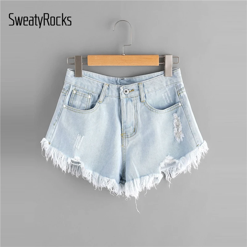 

SweatyRocks Plus Frayed Edge Ripped Denim Shorts Women Streetwear Casual Blue Shorts 2019 Summer Womens Solid Jeans Shorts