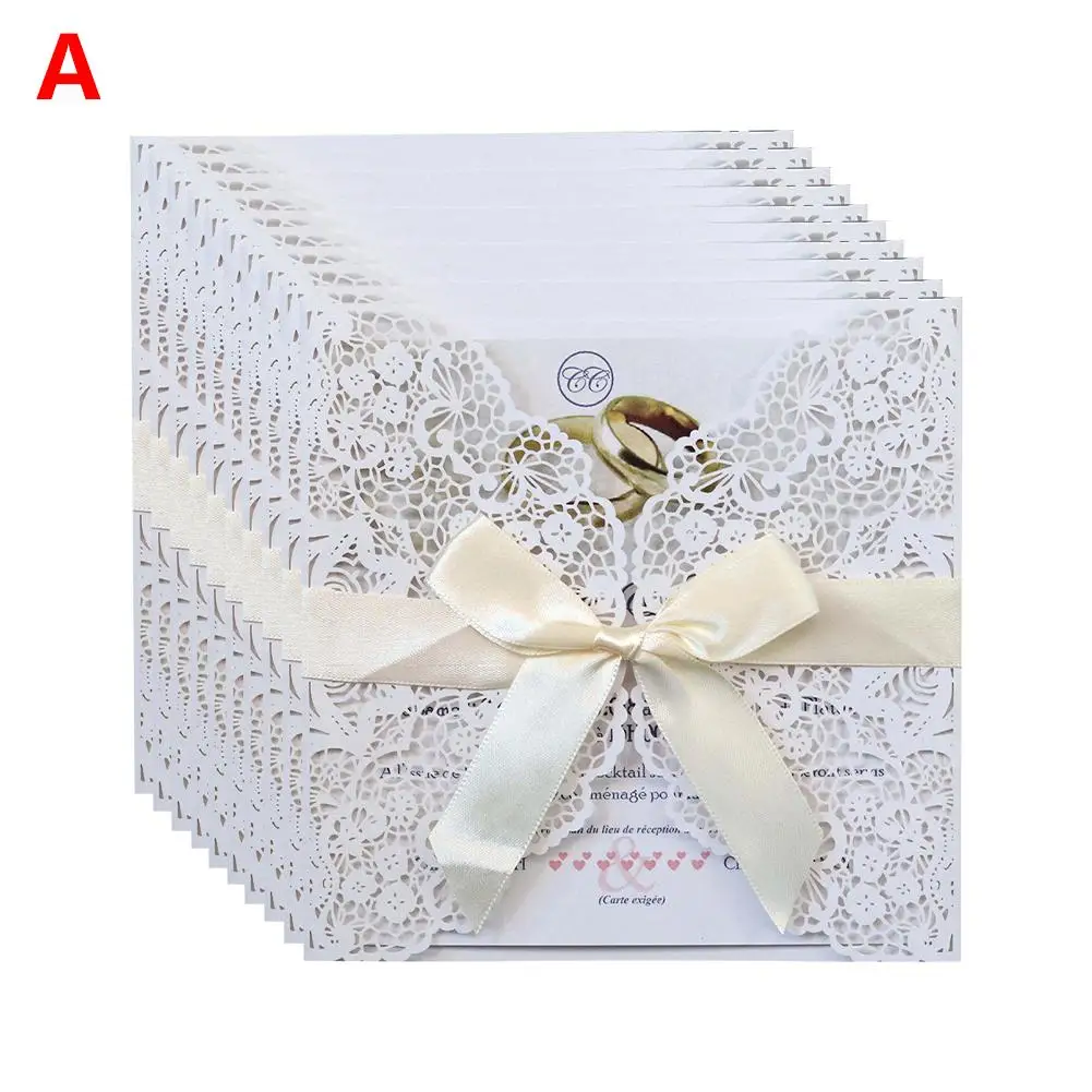 10PCS European Infrared Cutout Invitation Lace Invitation with Bow - 33028137658
