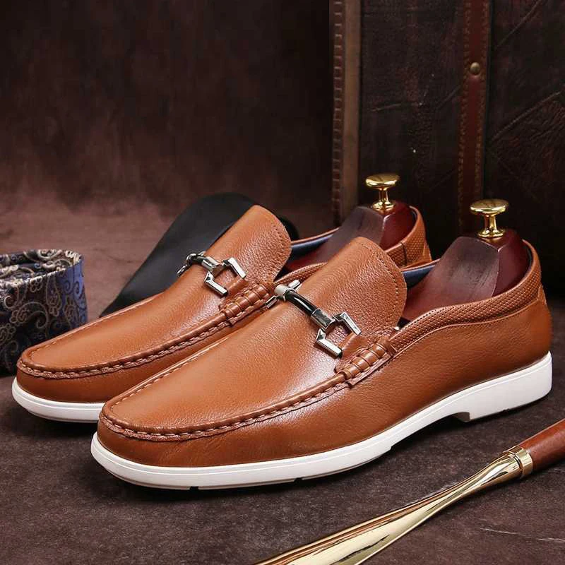 

Metal Trim Round Toe Slip on Man Casual Shoes Genuine Leather Flat Platform Loafers Handmade Comfortable Men's Footwear SS273
