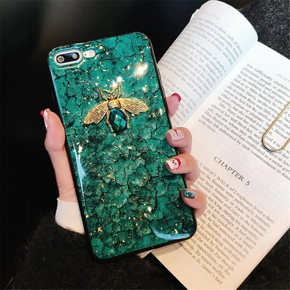 Luxury Green Diamond Crack Marble Phone Case For iphone 7 8 6 6s Plus Bee With Wing Funda cover for iphone XS MAX XR X back   (13)