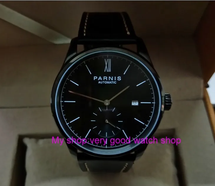 

40mm PARNIS black dial Automatic Self-Wind Mechanical movement men's watch Auto Date PVD case Mechanical Wristwatches 120a