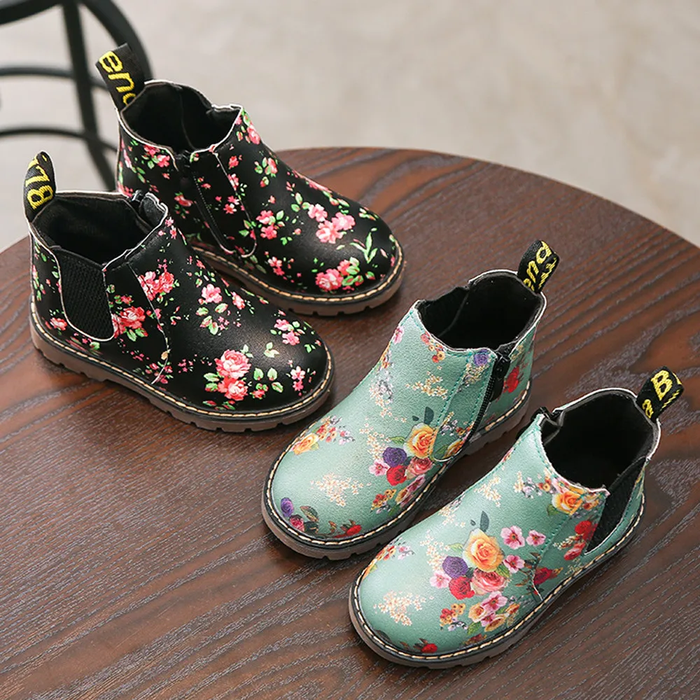 Детские ботильоны; ботинки «Челси» с цветочным принтом для мальчиков и девочек; осенние ботинки martin для девочек; детская зимняя обувь; размеры