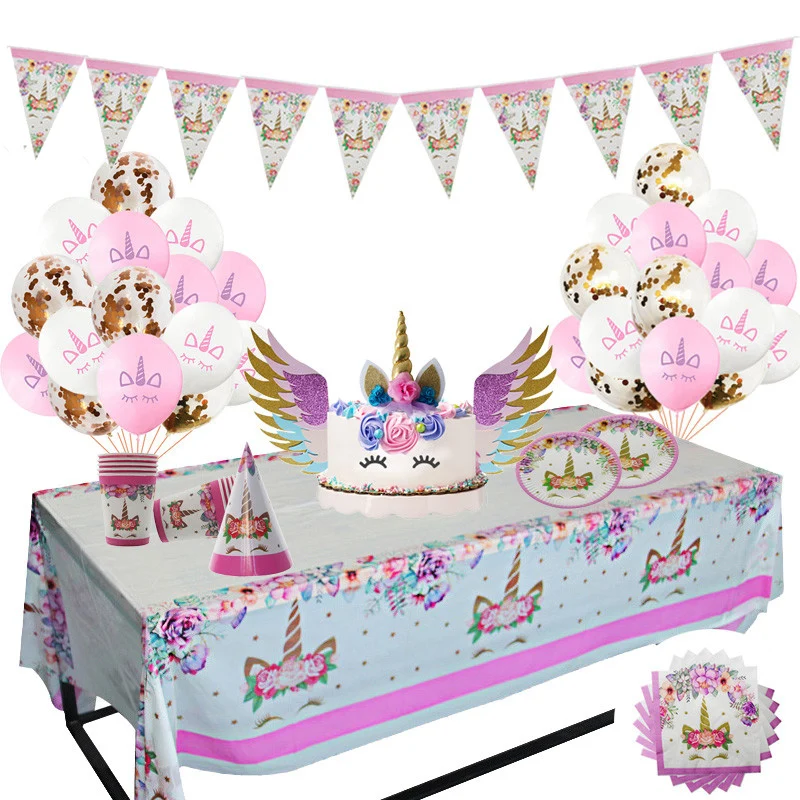 Unicorn Birthday Party Decorations Kids Happy Birthday Unicornio Balloons Paper Plates Cup Unicorn Party Baby Shower Supplies