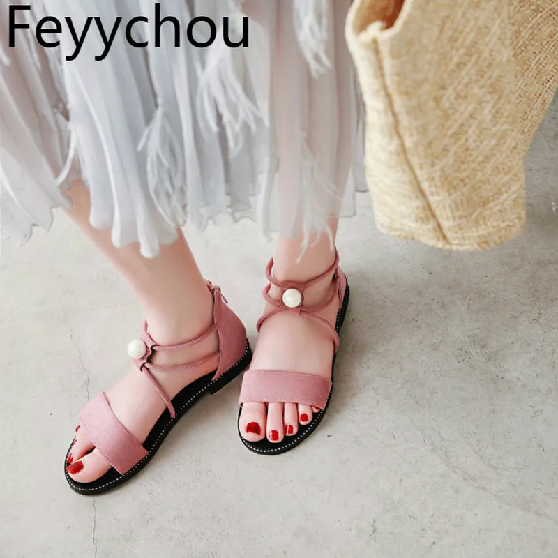 

Women's Sandals Low Heel Zip Peep Toe Flat with Flock Ankle-Wrap 2019 New Sexy Fashion Sweet Casual Black Pink Big Size 34-43