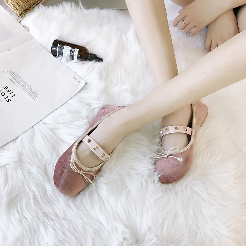 Unie 2018 Mode Confortable Tête Et Douce Arc Couleur Doux Plat Casual Automne Nouvelle Simple Chaussures Beige Ronde Femmes Chaussures rose Rivet ESqr4XwSOW