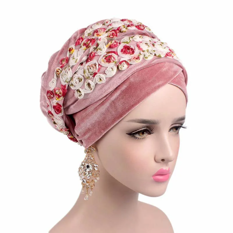

Women Fashion Flower Muslim Scarf Hijabs Hats Velvet Women India Hat Turban Hat Wrap Cap Long Head Scarf Headscarf Hats 8 Colors