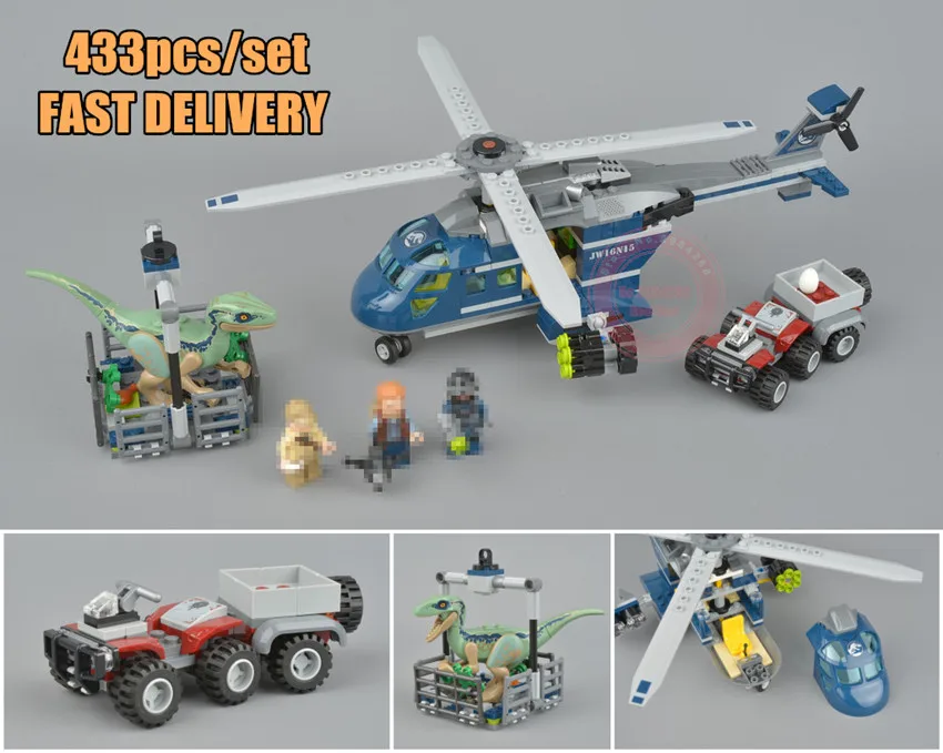 

New Jurassic Blue's Helicopter Pursuit fit legoings Jurassic world park city 75928 Model Building Block bricks diy Toy Gift kid